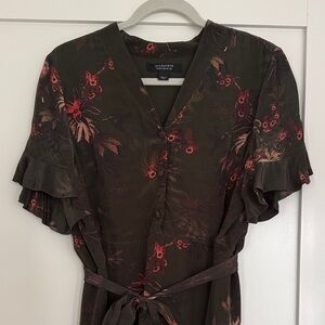 AllSaints Floral V-Neck Dress with Ruffle Sleeves